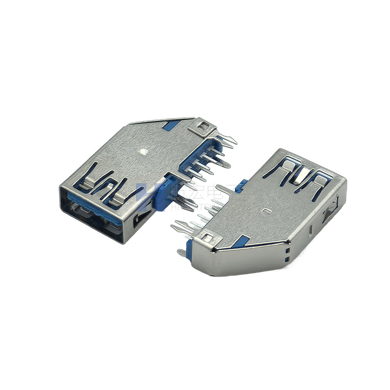 USB 3.0 AF侧插平口/卷边 长体USB母座 不锈钢蓝色胶芯