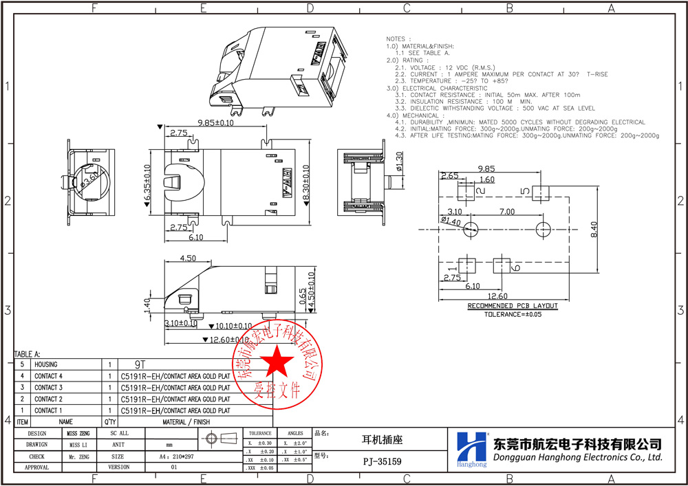 航宏耳机插座 短体大斜口尺寸图