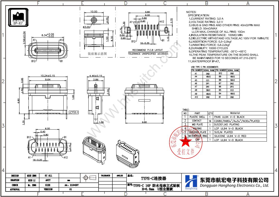 TYPE-C 16P 防水母座尺寸图