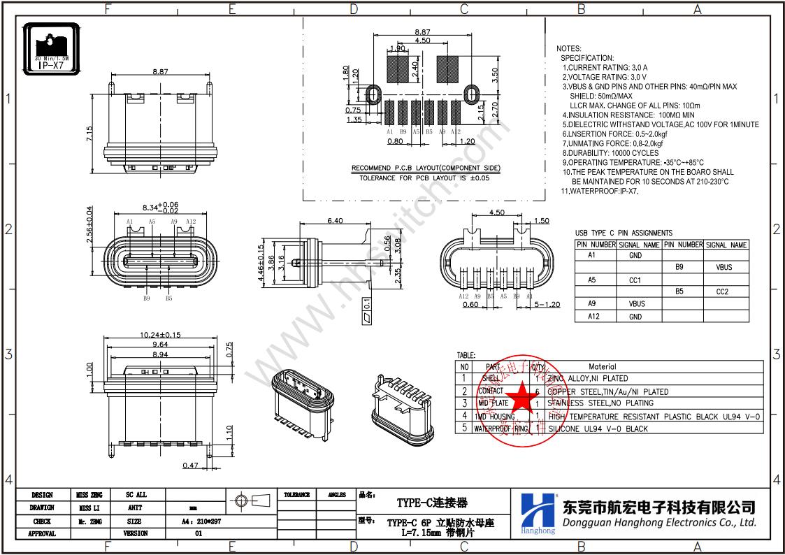 TYPE-C 16P 防水母座尺寸图