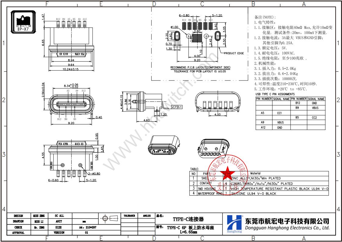 TYPE-C 16P 防水母座尺寸图