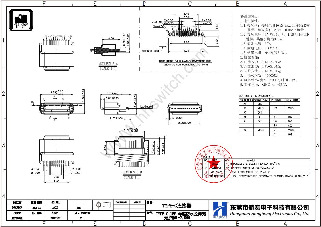 TYPE-C 16P 防水母座尺寸图