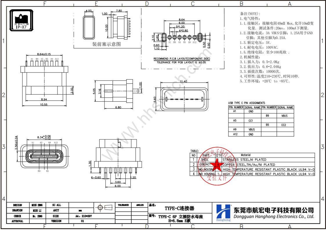 TYPE-C 6P 防水母座尺寸图