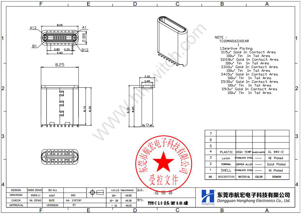 TYPE-C 2.0公头 SMT 8.65 A款