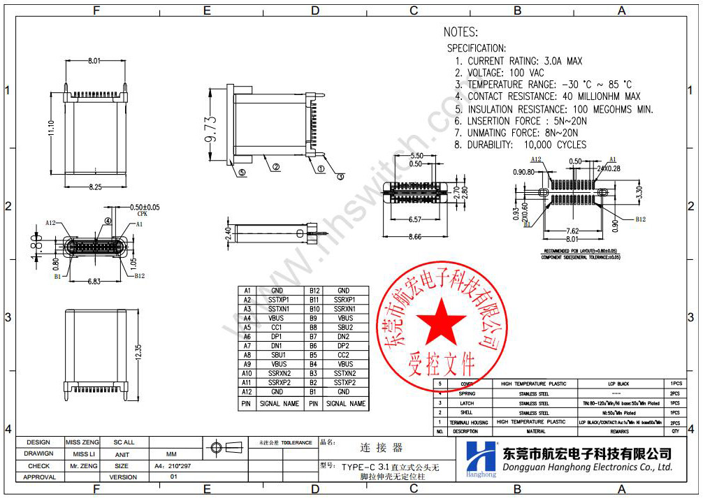 :TYPE-C 3.1直立式公头尺寸图