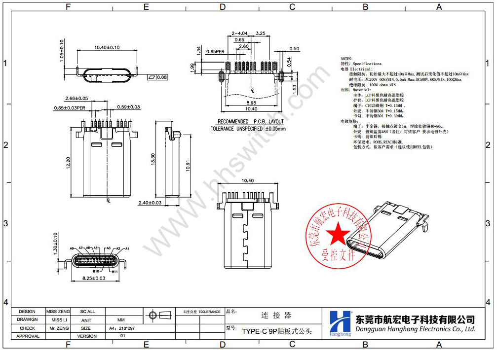 TYPE-C 9P 贴板式公头尺寸图