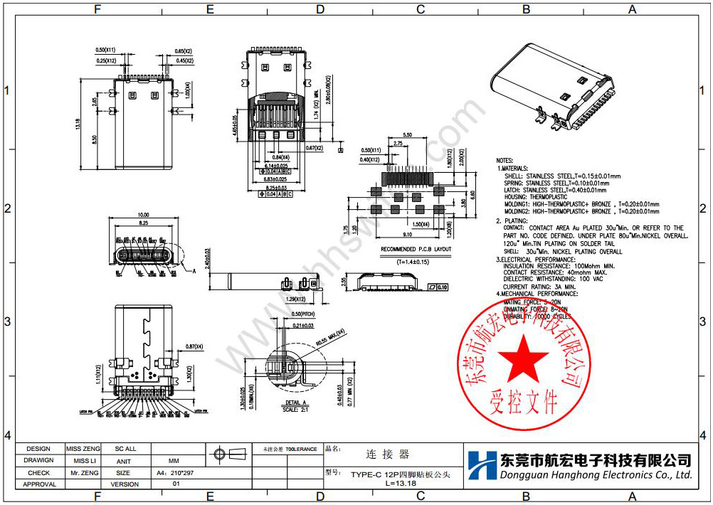 TYPE-C 12P公头尺寸图